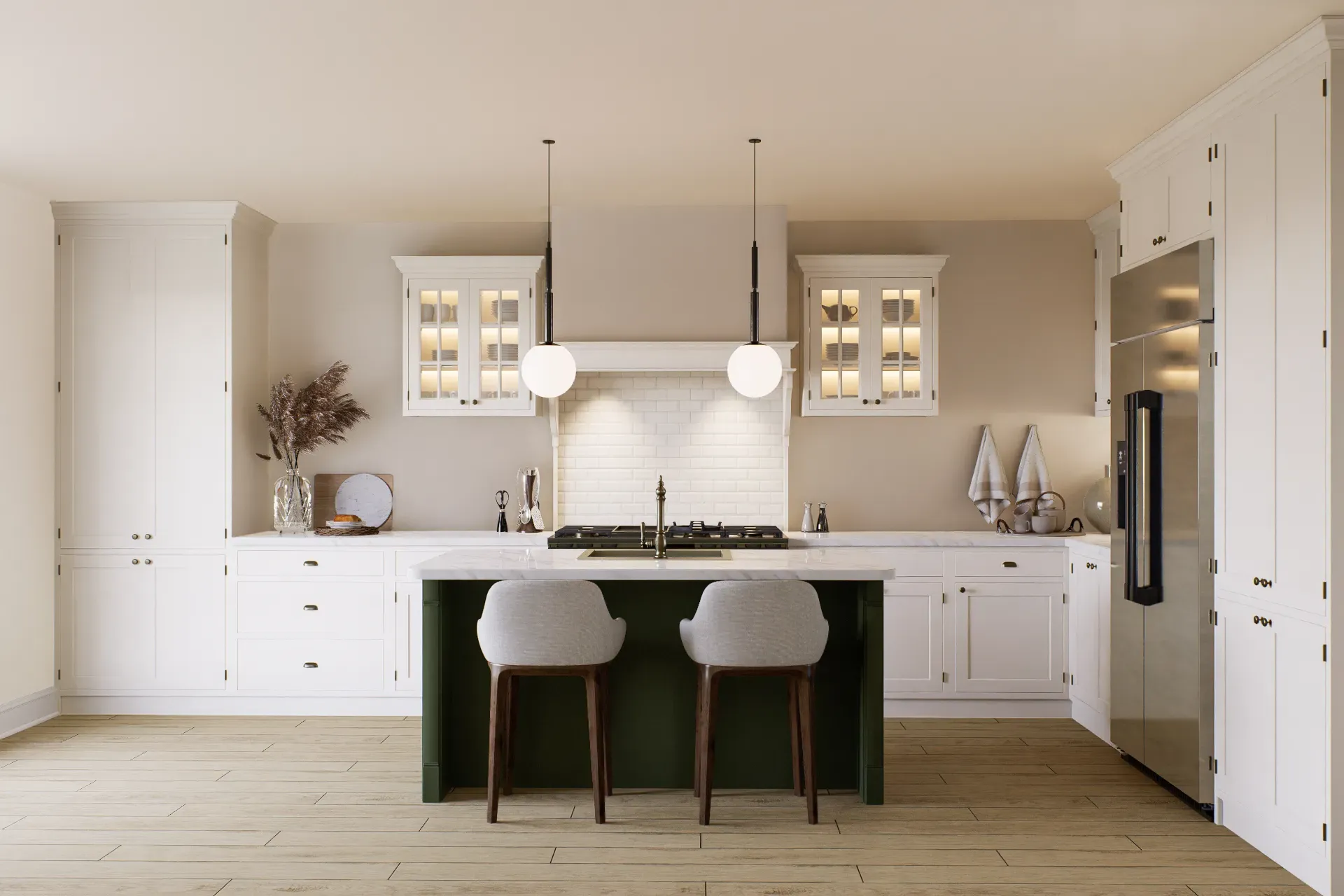 Bespoke handcrafted kitchen by Blackthorn of Kent featuring shaker-style cabinets, marble worktops and brass hardware