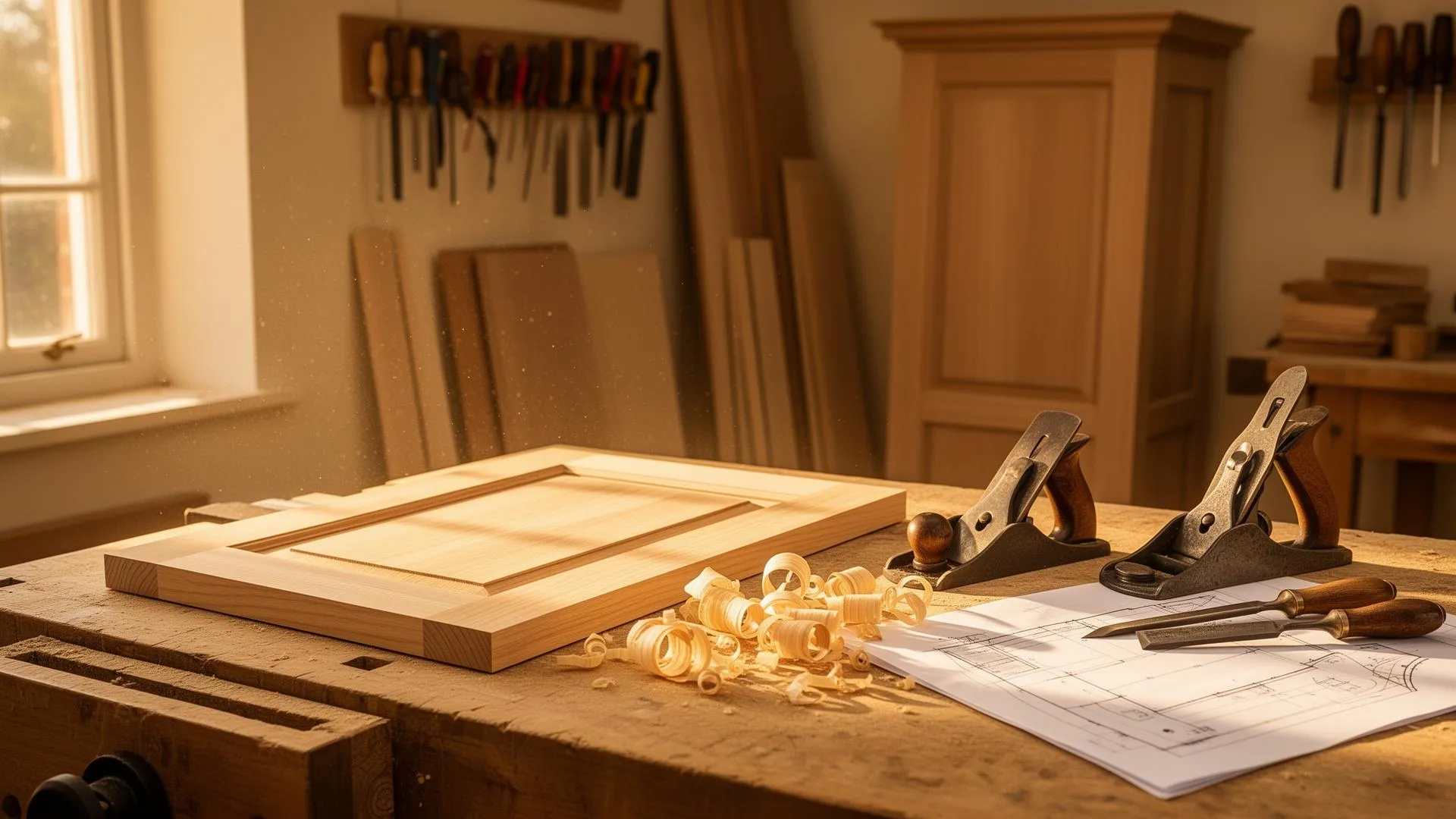 Shaker cabinet door and hand tools on a workshop bench with golden natural light, showcasing traditional joinery craftsmanship